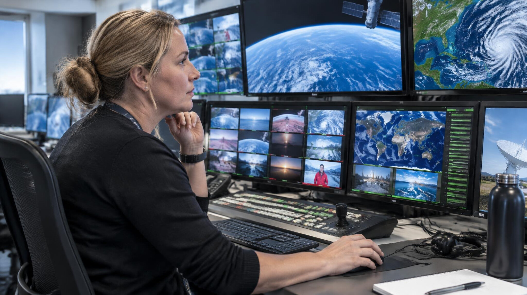 Engineer monitoring live signal feeds on multiple screens