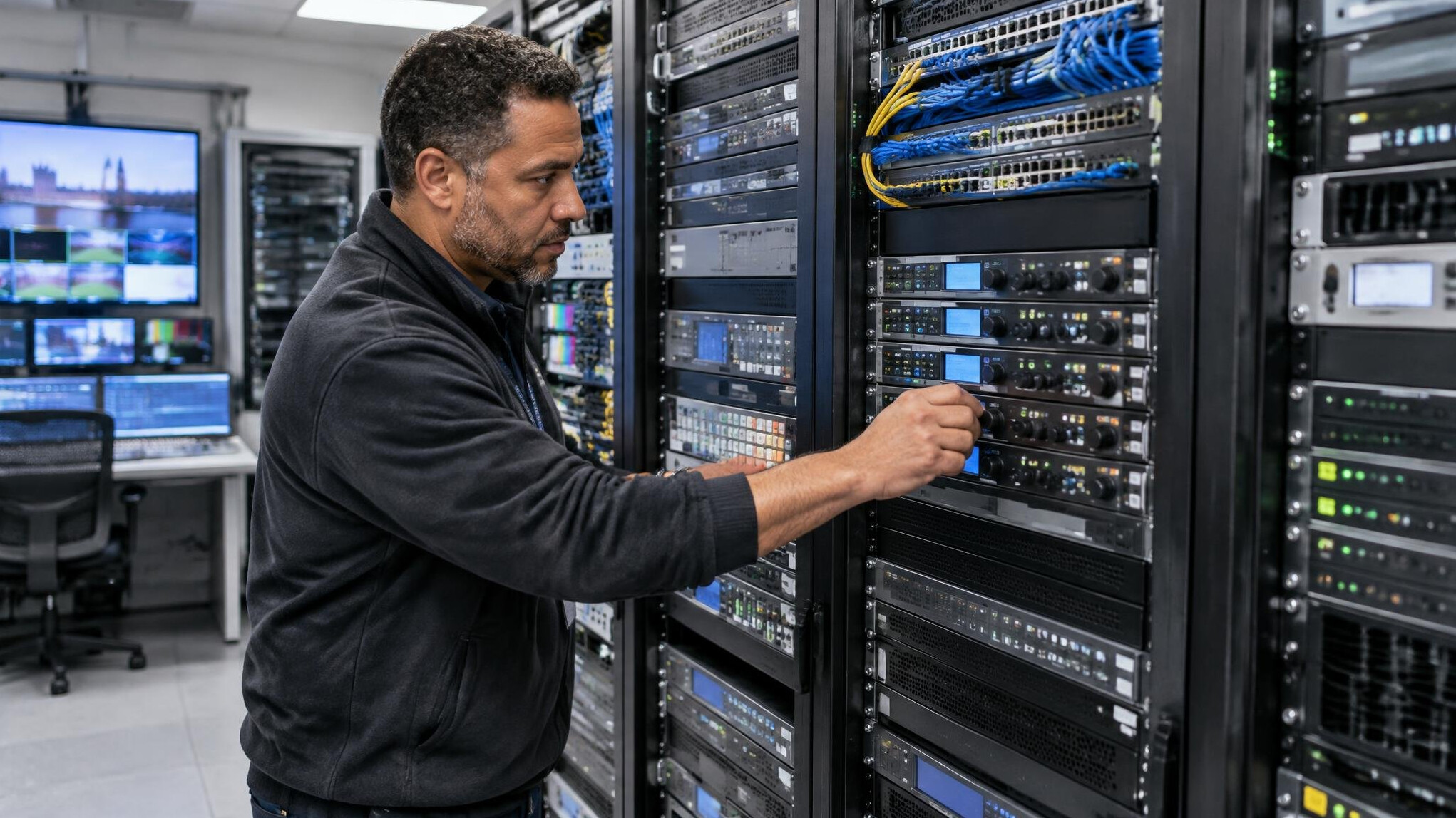 Broadcast engineer adjusting a satellite transmission panel