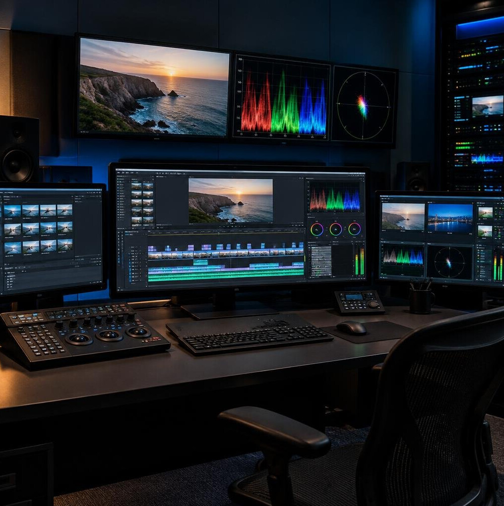 Video editing and transmission suite with multiple screens