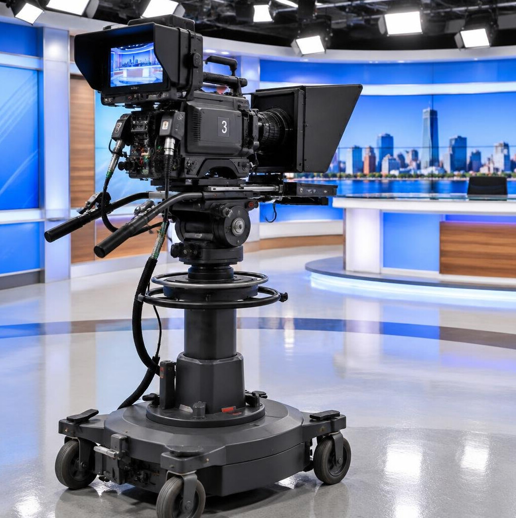 Professional broadcast camera on a studio pedestal