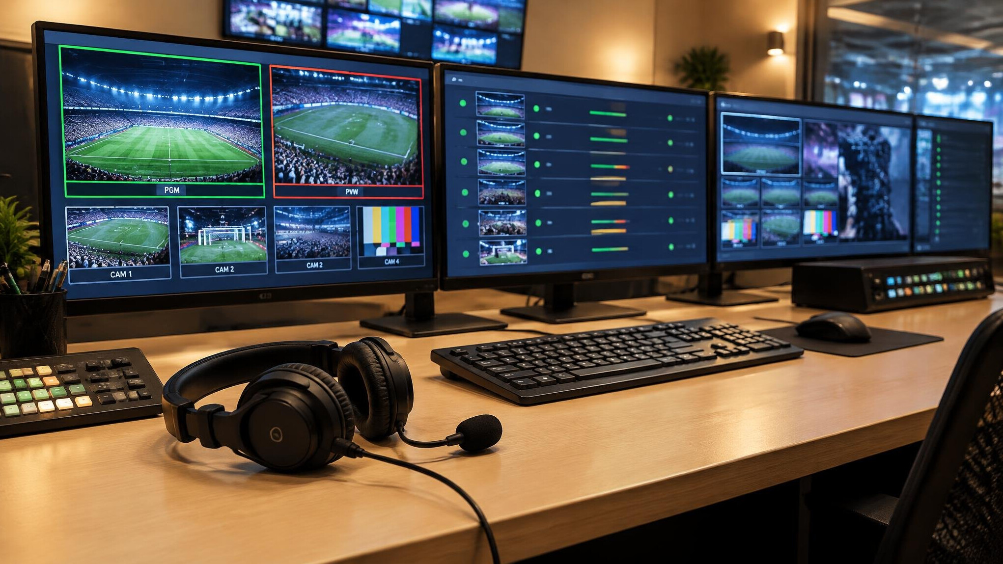 Broadcast operations desk with headset and monitors