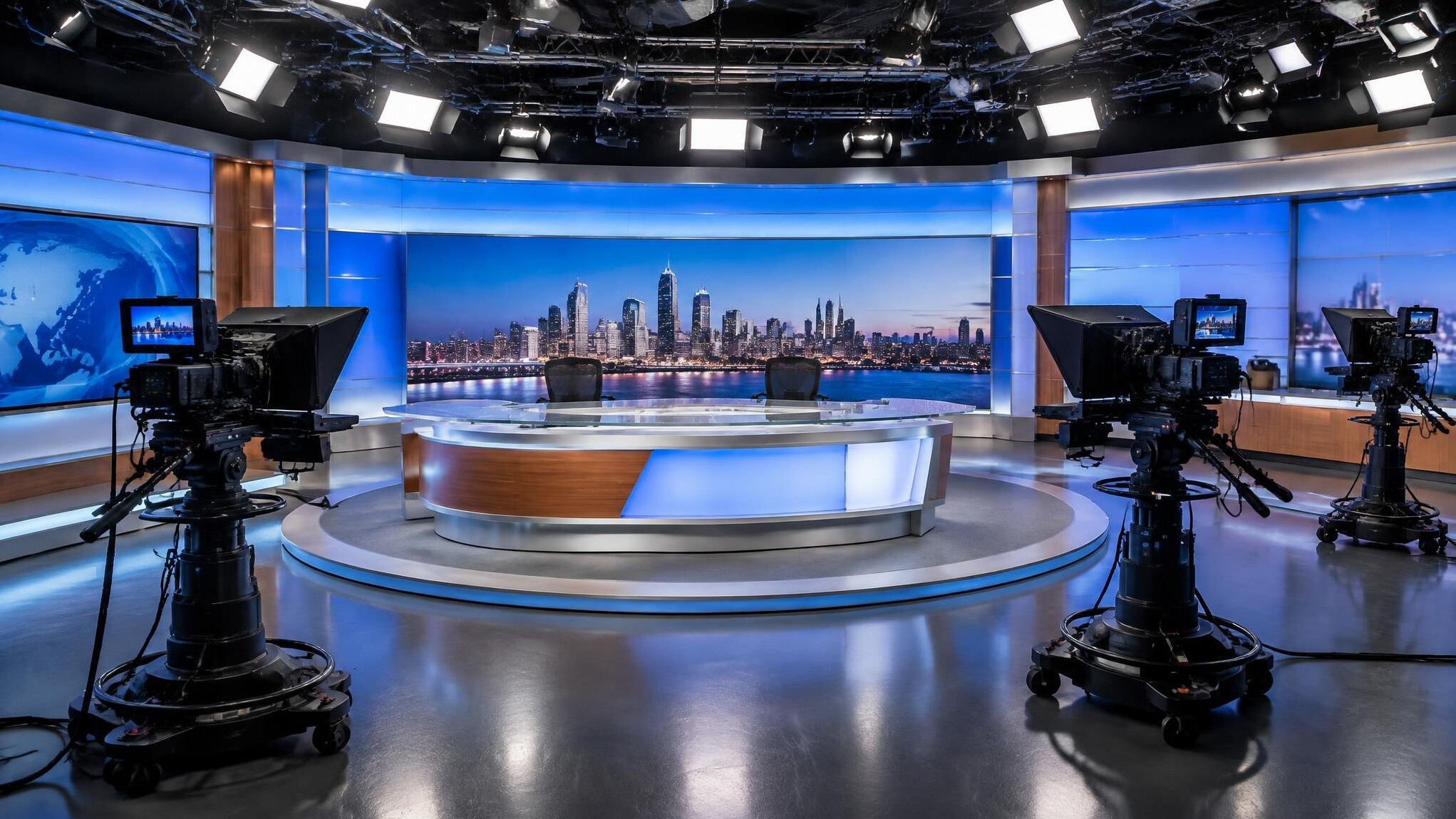 Television studio set with cameras and lighting rig