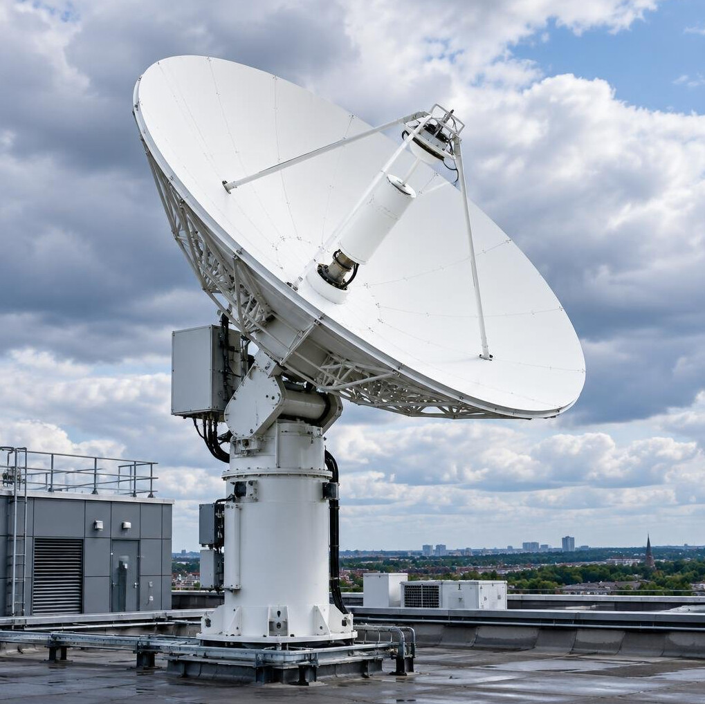 Satellite uplink dish against a cloudy sky