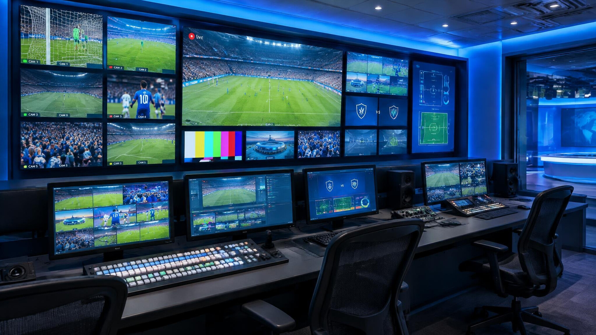 Wide view of a live television broadcast gallery